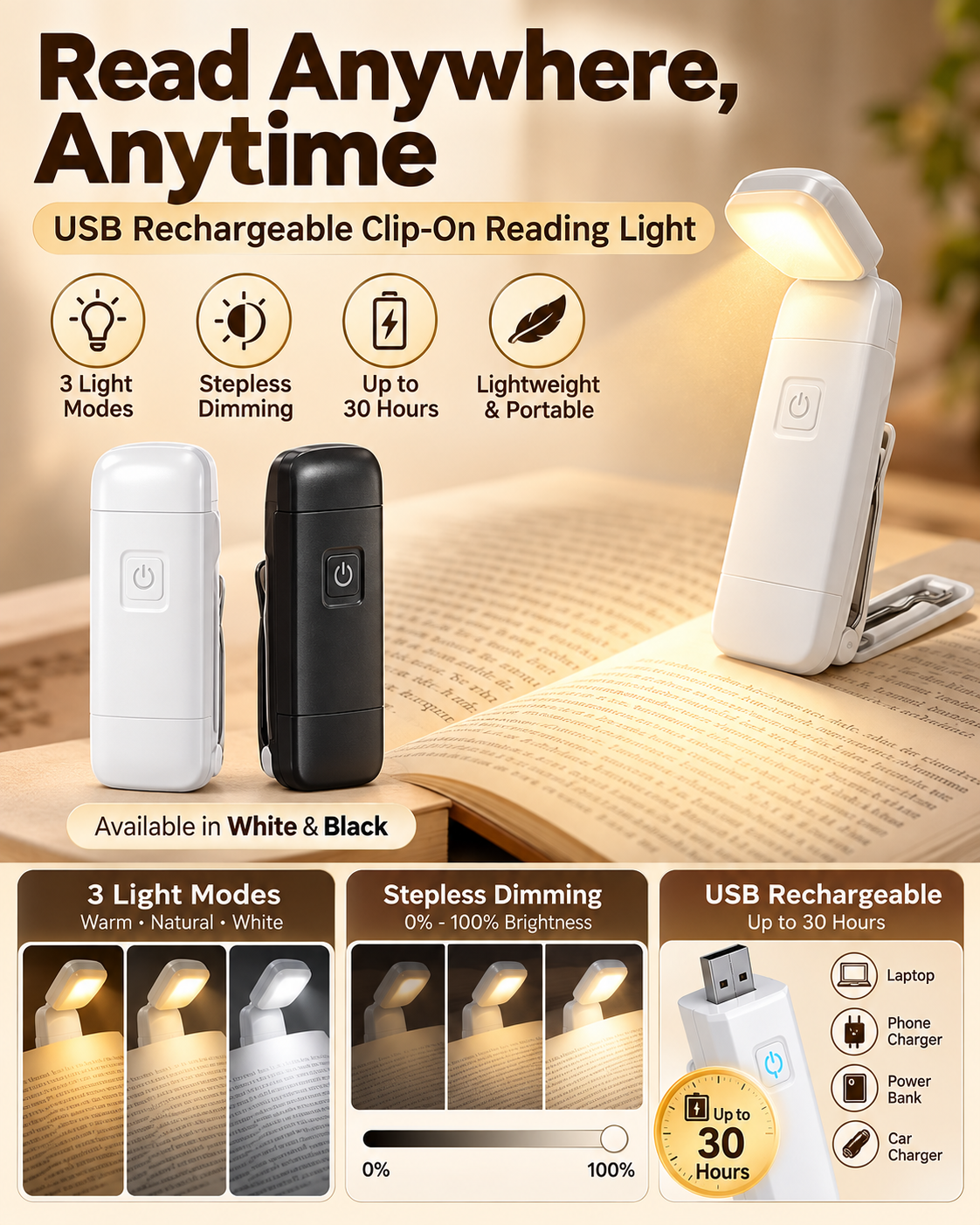 ClipGlow™ | USB-Rechargeable Clip-On Reading Light