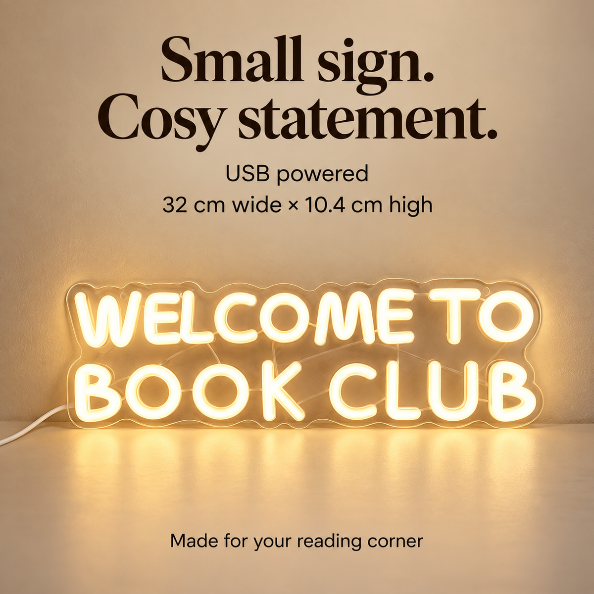 Book Club Glow USB-powered sign, 32 cm wide by 10.4 cm high