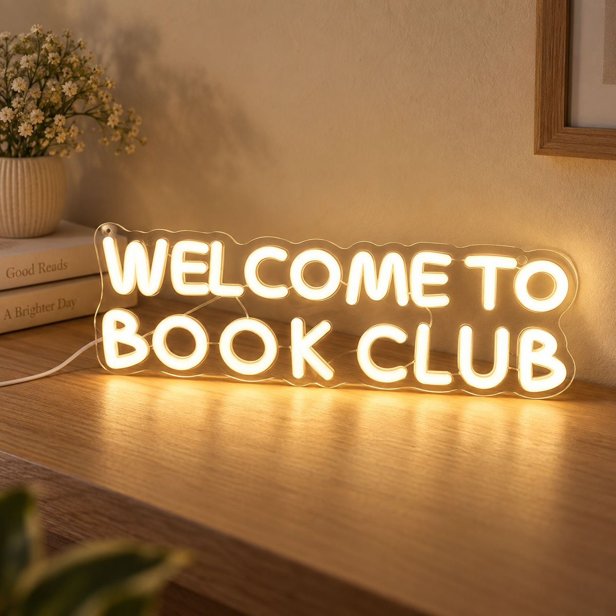 Warm-white Welcome to Book Club sign on a light oak surface