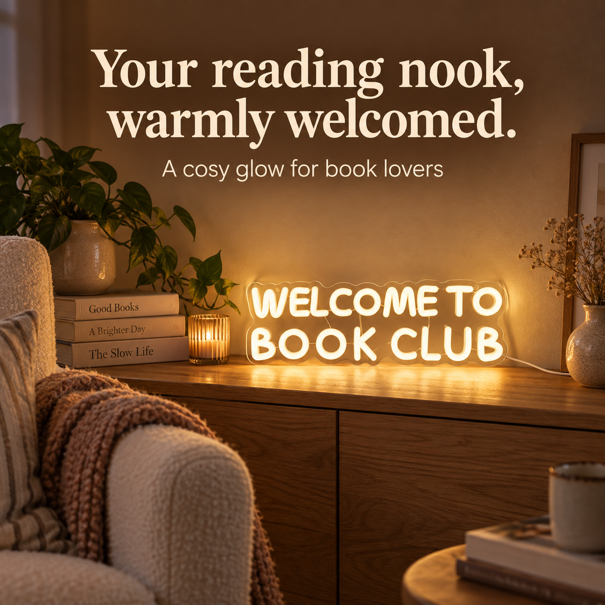 Book Club Glow sign styled in a cosy reading nook