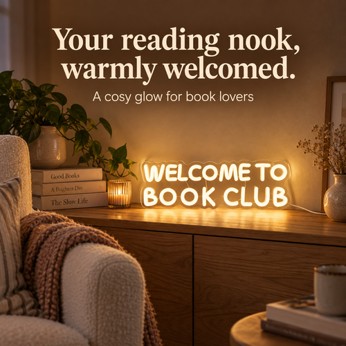 Book Club Glow sign styled in a cosy reading nook