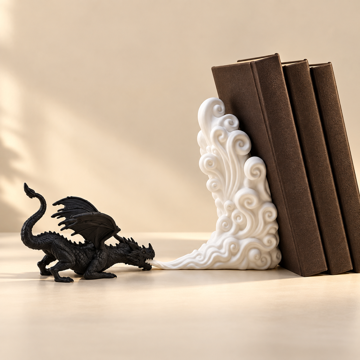 DragonMist black dragon and solid white sculpted smoke bookend supporting books