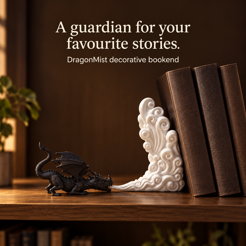 DragonMist decorative bookend styled on a walnut bookshelf