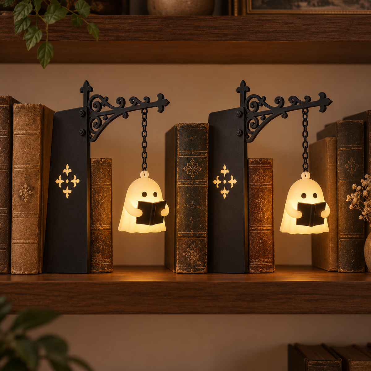StoryBoo set of two reading ghost lights with ornate black bookshelf brackets