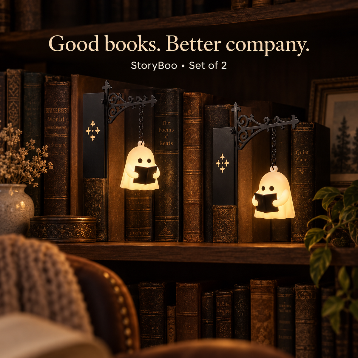 StoryBoo pair adding a warm decorative glow to an evening bookshelf