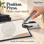 Hand using PagePress on a single book page with a close-up of an example raised impression.